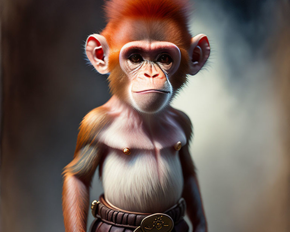 Digital artwork: Creature with monkey-like face and human-like body, wearing belt with circular buckle on sm