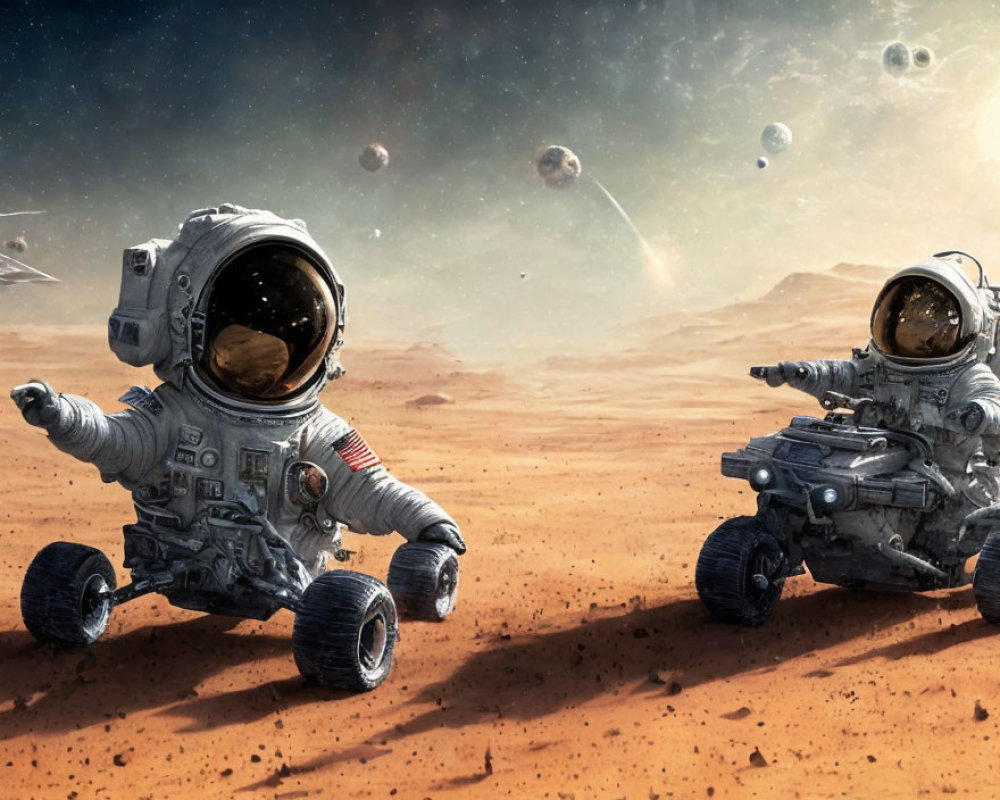 Astronauts in spacesuits float above Mars-like surface with rover and distant planets in reddish