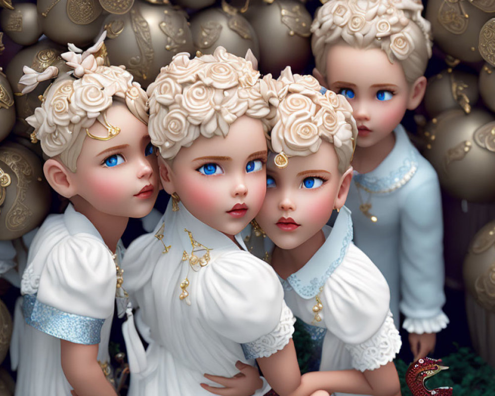 Four identical animated dolls with white floral hair decorations and blue eyes against ornate gold eggs.