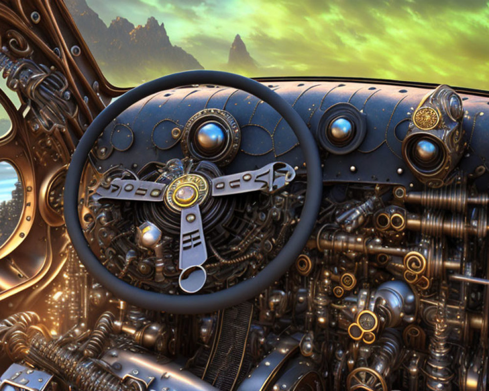 Steampunk-themed cockpit with brass gears, dials, levers, and steering wheel against mountain