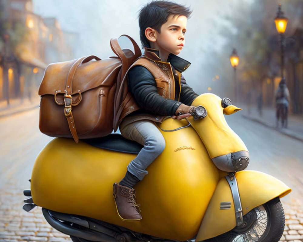 Illustration of young boy on yellow scooter with backpack in foggy street