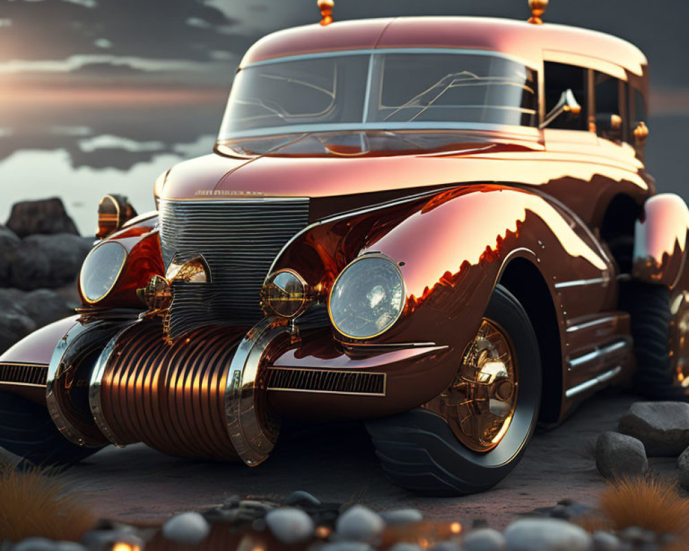 Vintage Car with Copper and Chrome Finishes on Rocky Terrain at Sunset