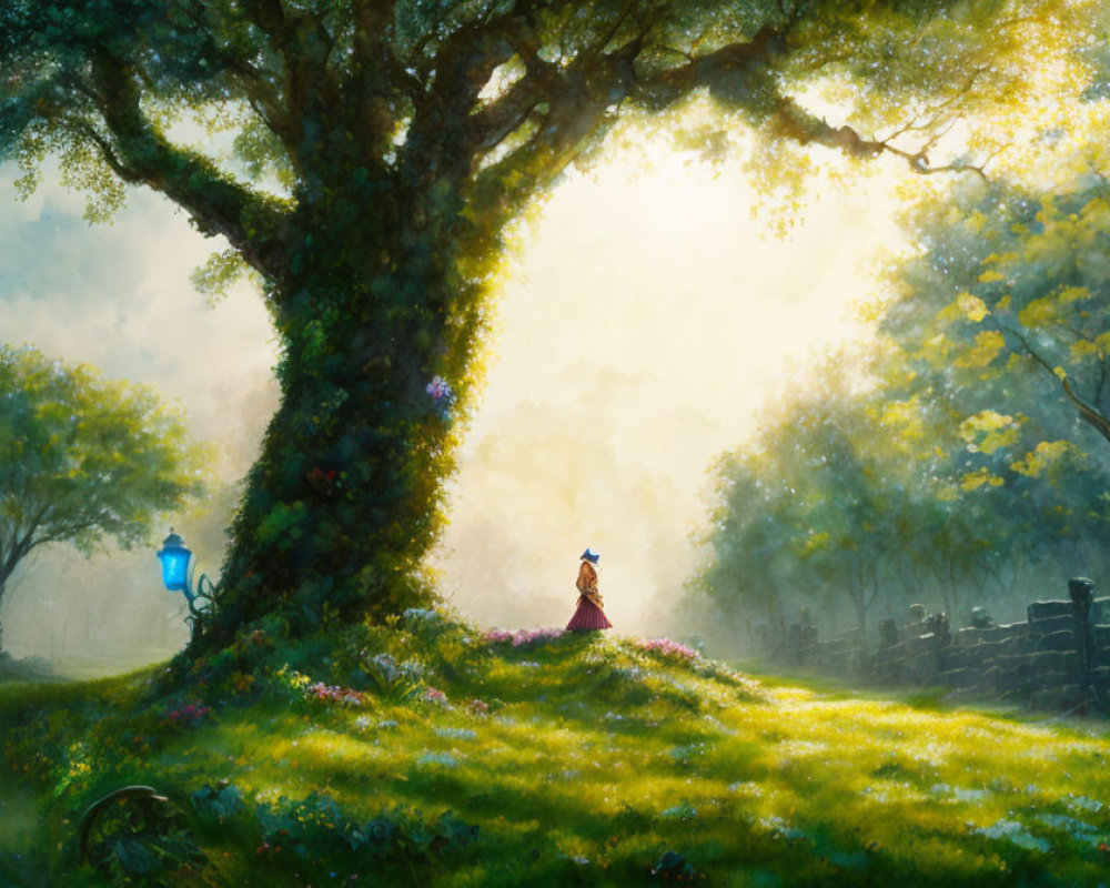 Tranquil landscape with figure under tree in golden sunlight