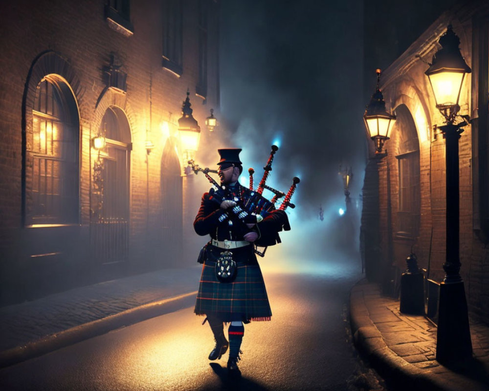 Traditional Scottish bagpiper in foggy cobblestone street with old buildings & gas lamps