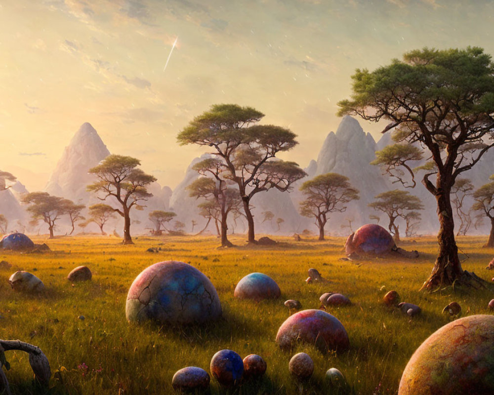 Colorful Spheres in Field with Mountains and Trees
