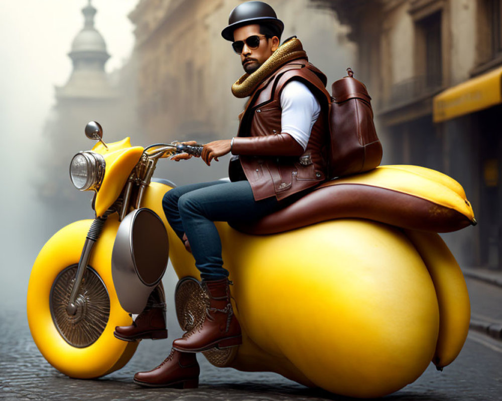 Person in leather jacket and sunglasses on banana-shaped motorcycle in foggy city.