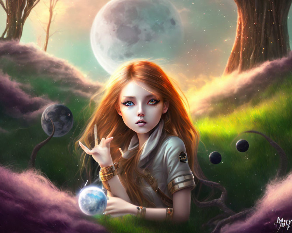Fantasy female character with striking eyes levitating Earth under celestial backdrop