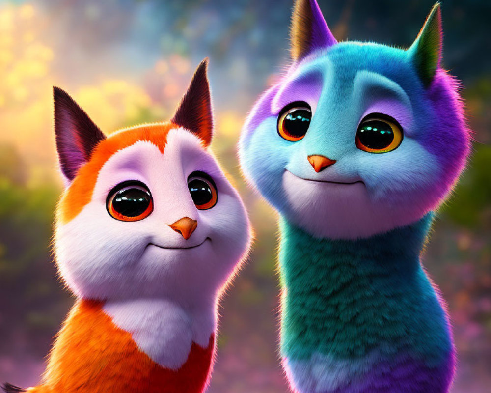 Two animated cats with large, expressive eyes in orange and white, and blue and grey, on a
