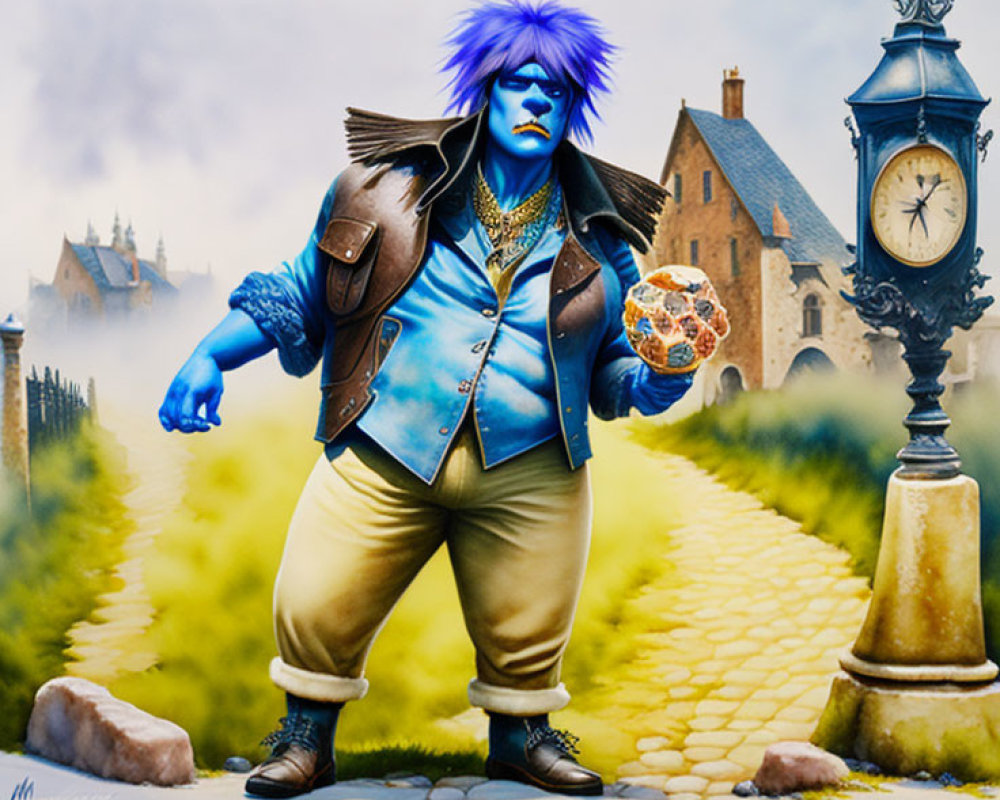Vibrant illustration of character with blue skin and spiked hair holding a cookie on cobblestone path