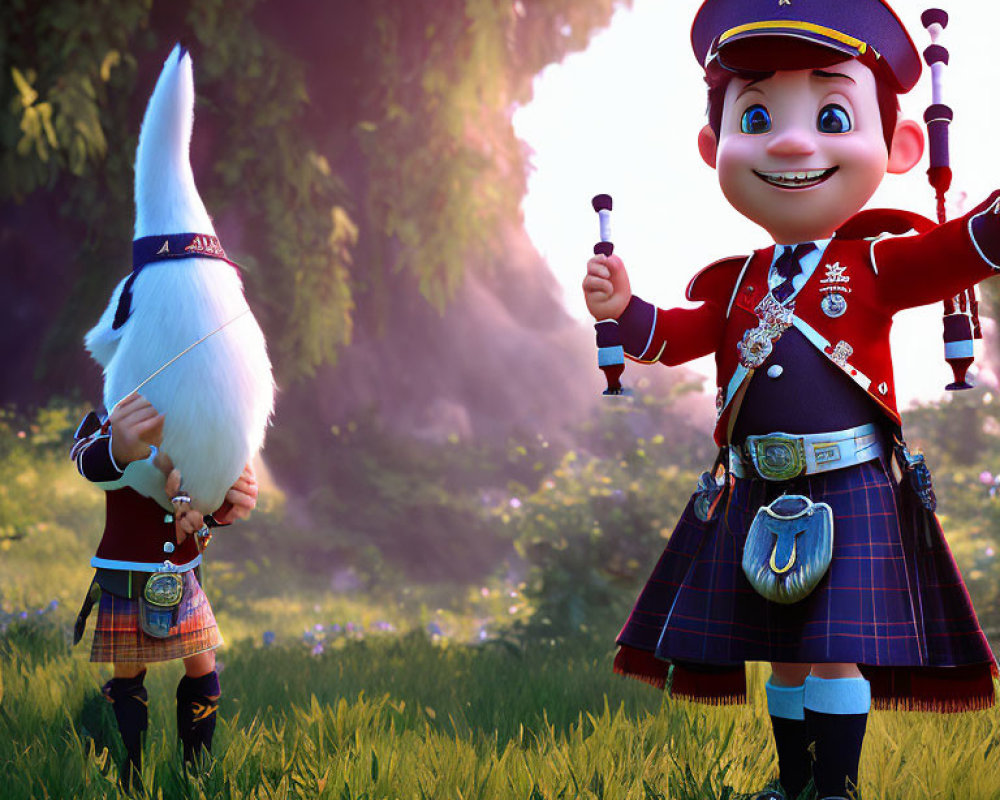 Scottish attire animated characters: gnome and bagpiper in lush green clearing