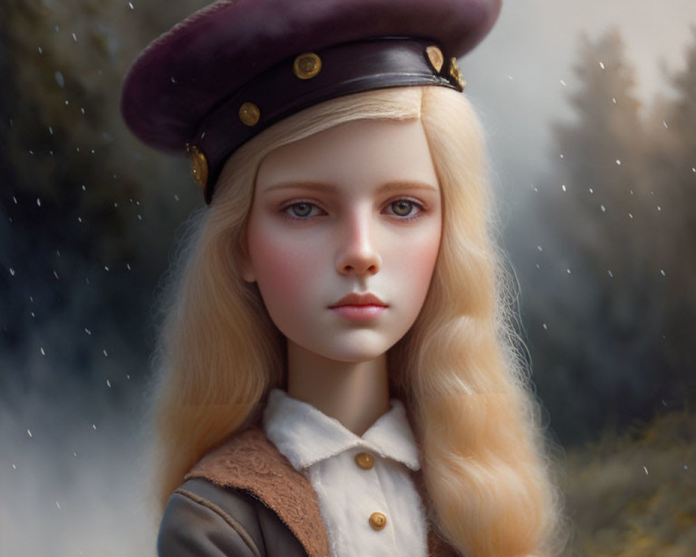 Digital Artwork: Young Girl in Vintage Military Beret with Blonde Hair