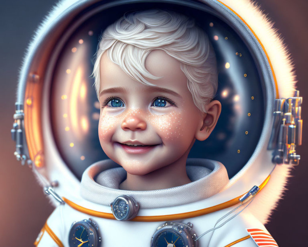 Young child in astronaut suit smiles under starry sky