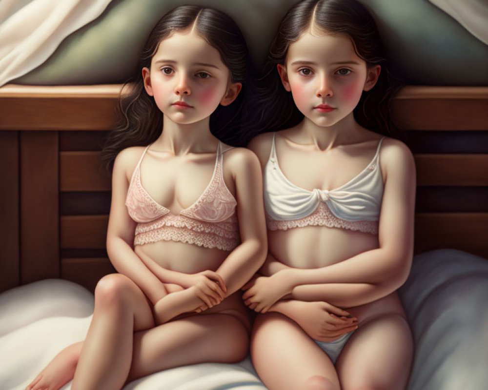 Identical twin girls in pastel lingerie on bed with wood paneling