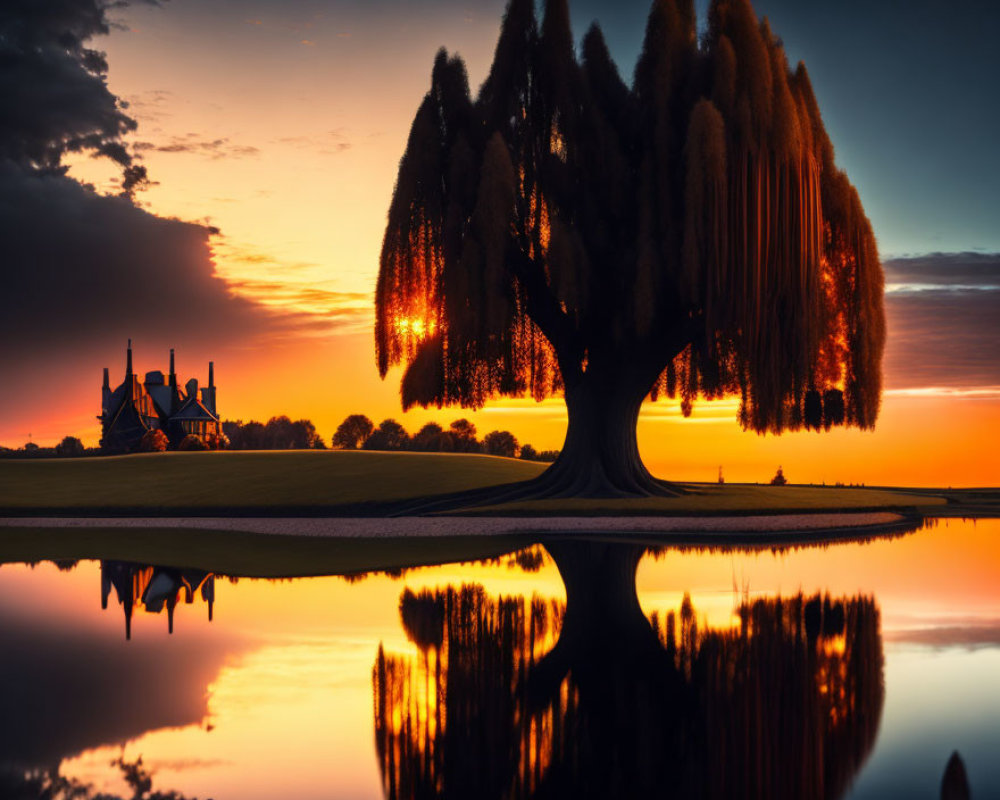 Majestic weeping willow by still water at vibrant sunset