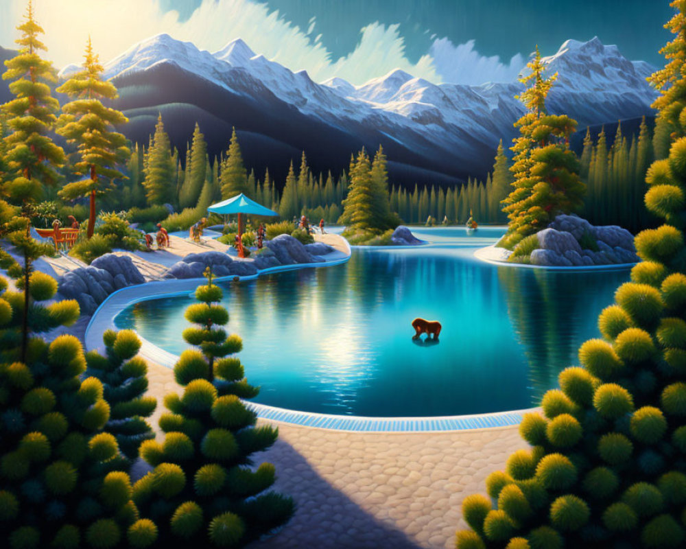 Bear in tranquil landscape with lake, mountains & gazebo