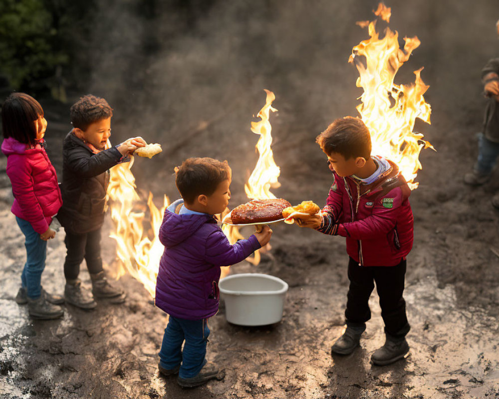 Children in Winter Clothing Roast Food Over Campfire in Outdoor Setting