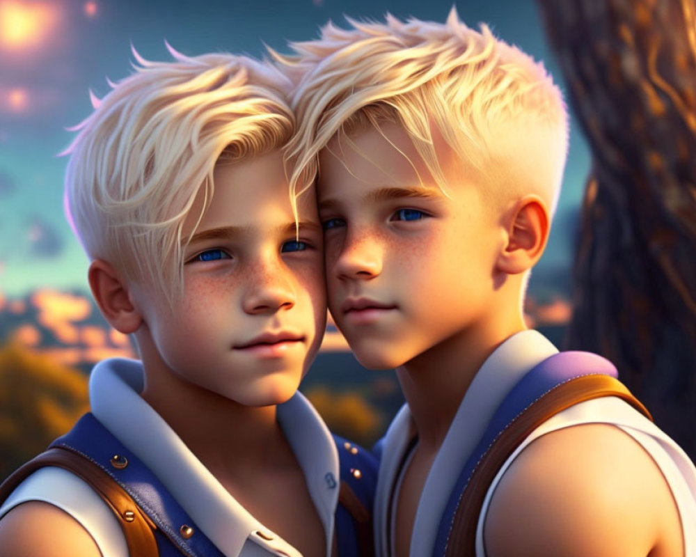Blond-Haired Twin Boys in Sunset-Lit Scene