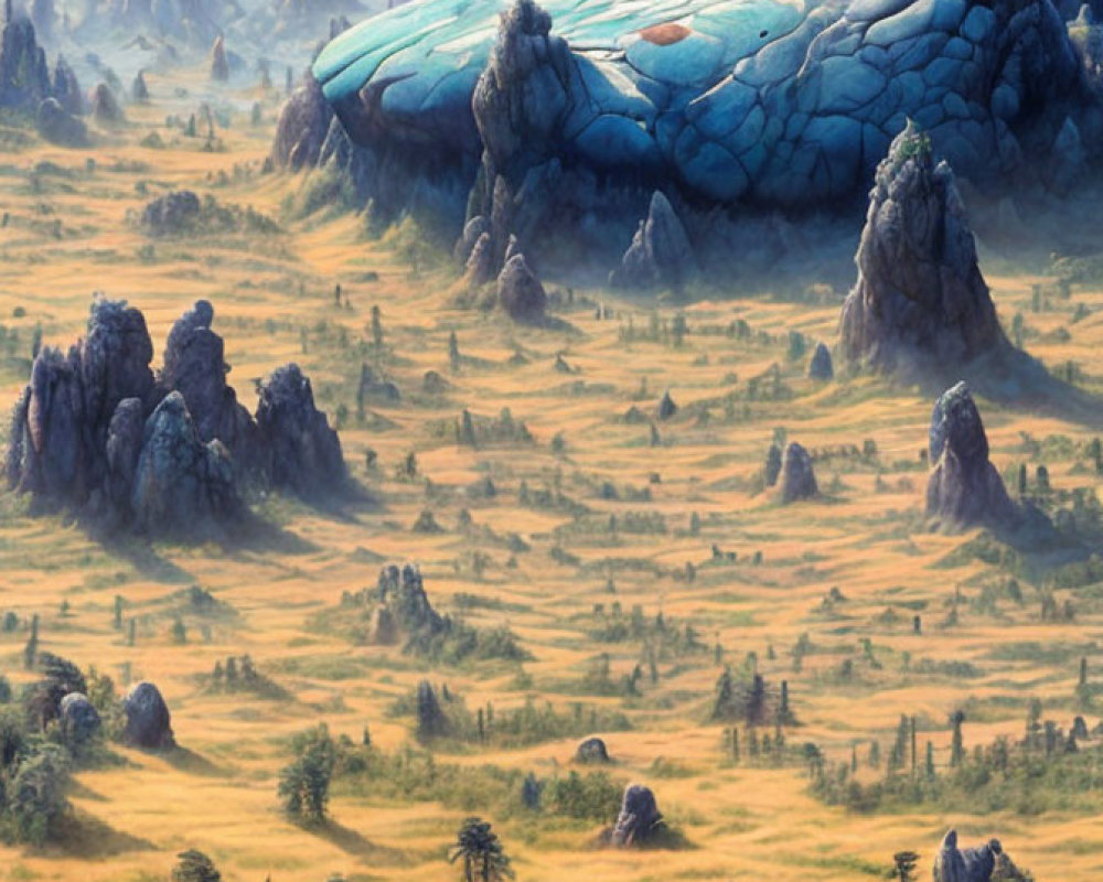 Fantastical landscape with massive stone structure and icy blue top in grassy valley