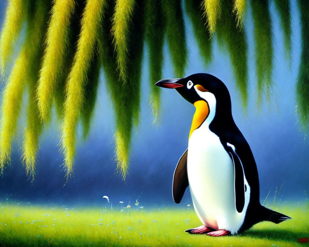 Colorful Penguin Illustration on Grass with Green Willow Branches