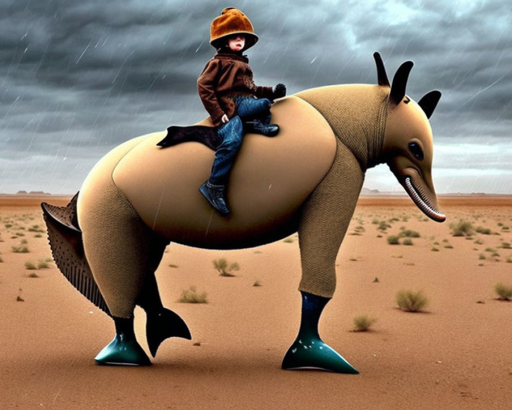 Child in brown jacket rides fantastical creature under rainy desert sky
