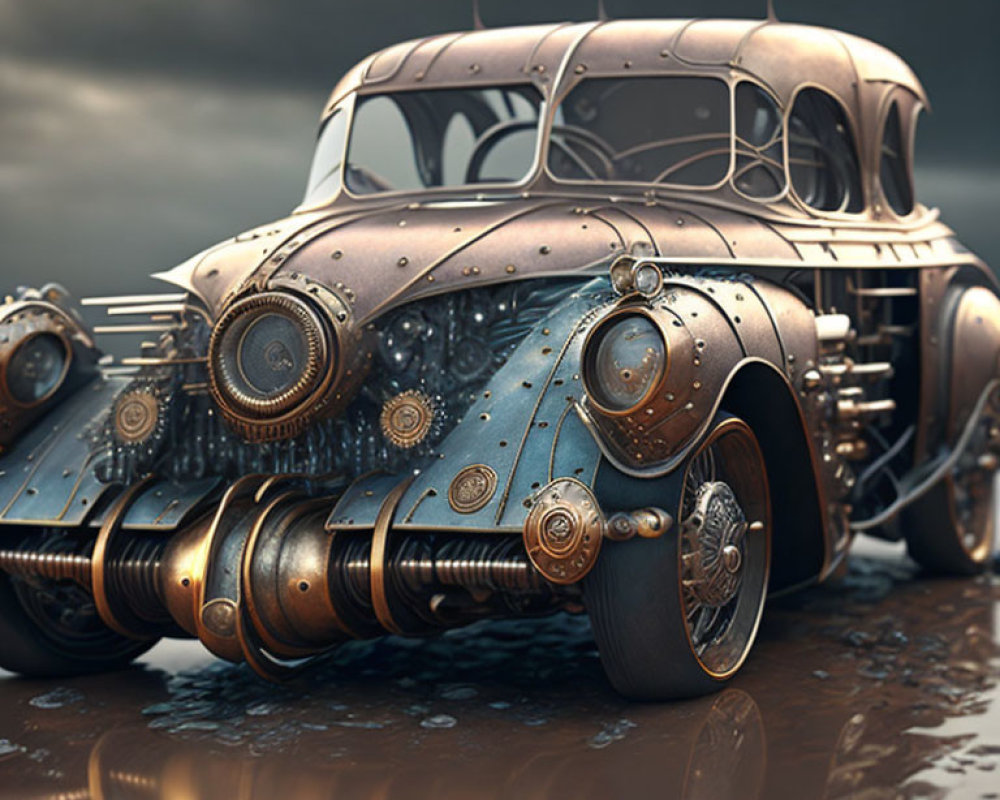 Steampunk-inspired vehicle with intricate metalwork and circular accents against a moody sky