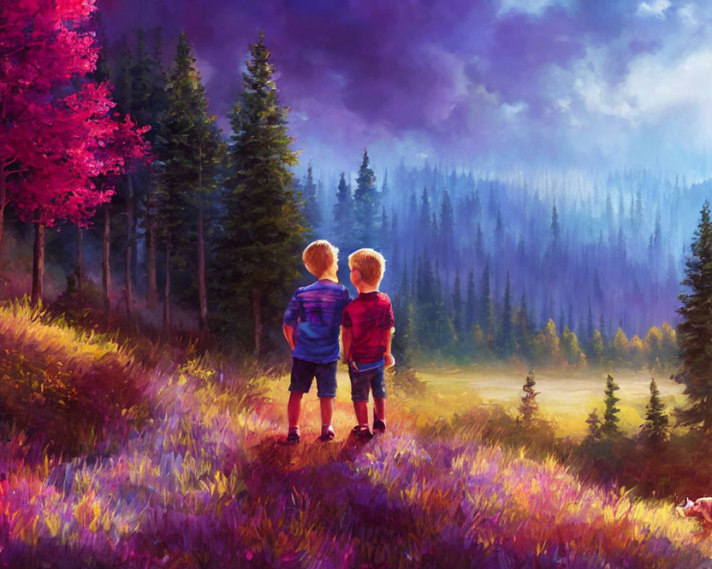 Children in vibrant meadow under purple sky and forest landscape