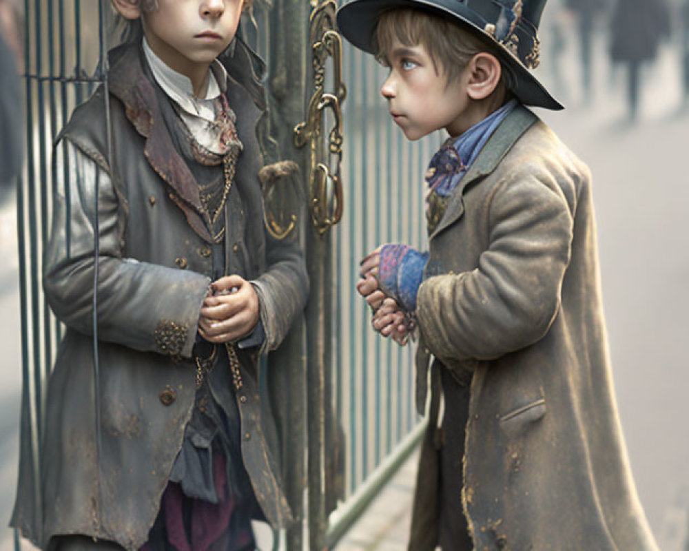 Vintage Attired Young Boys Standing Near Gate with Somber and Curious Expressions