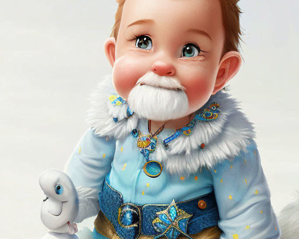 Stylized baby illustration in fantasy outfit with snowflake motif