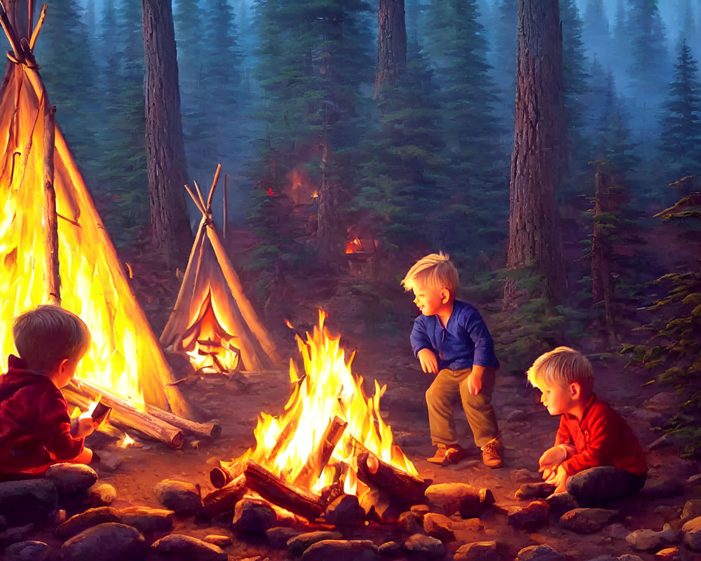 Children by campfire in forest with tepees at dusk