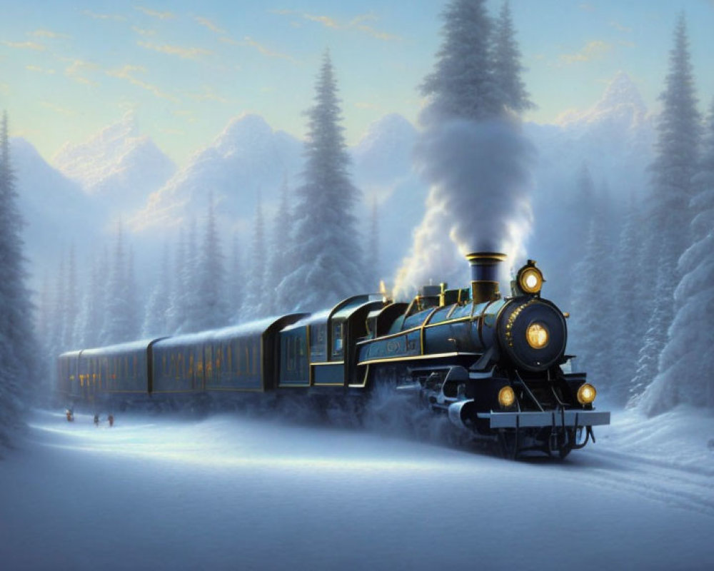 Vintage steam train in snowy forest with pine trees and winter ambiance