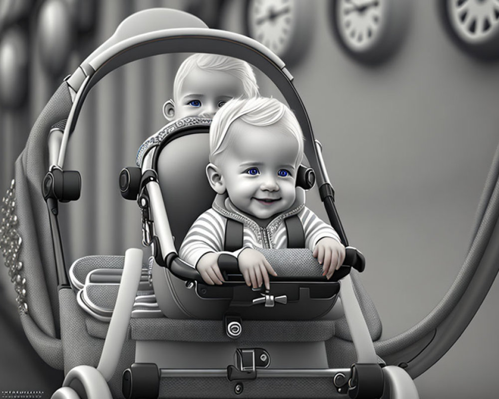Two babies with blue eyes in modern gray stroller, one smiling, one behind.