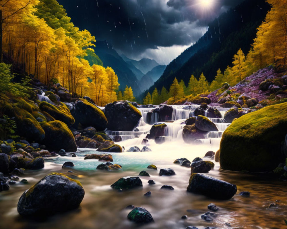 Tranquil forest waterfall with colorful foliage under starry sky