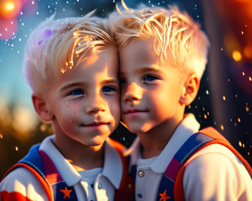 Blonde Siblings Embracing in Golden Sunlight