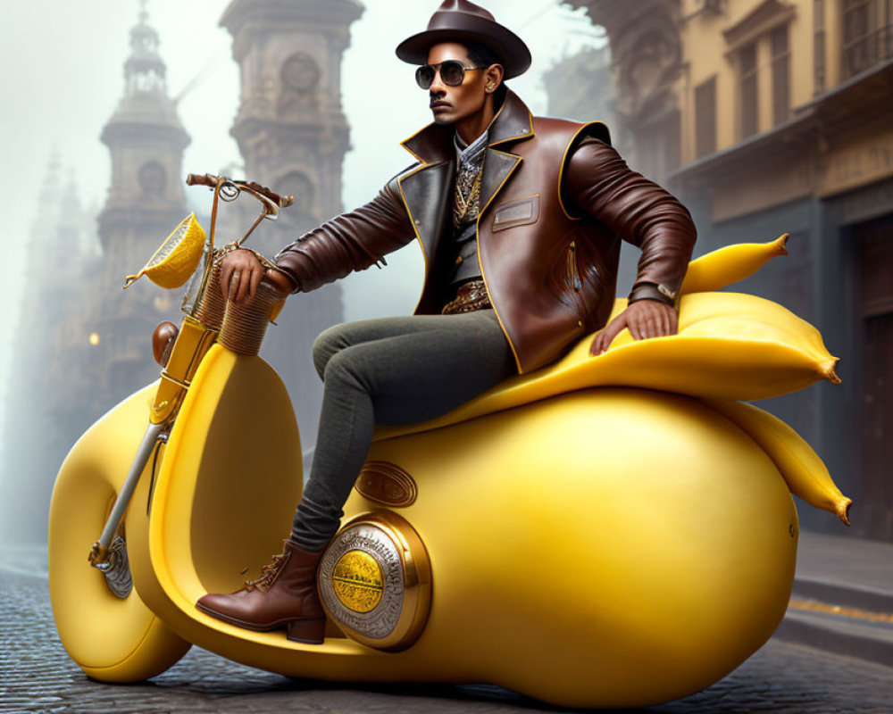 Person on banana-shaped scooter with leather jacket and cityscape.