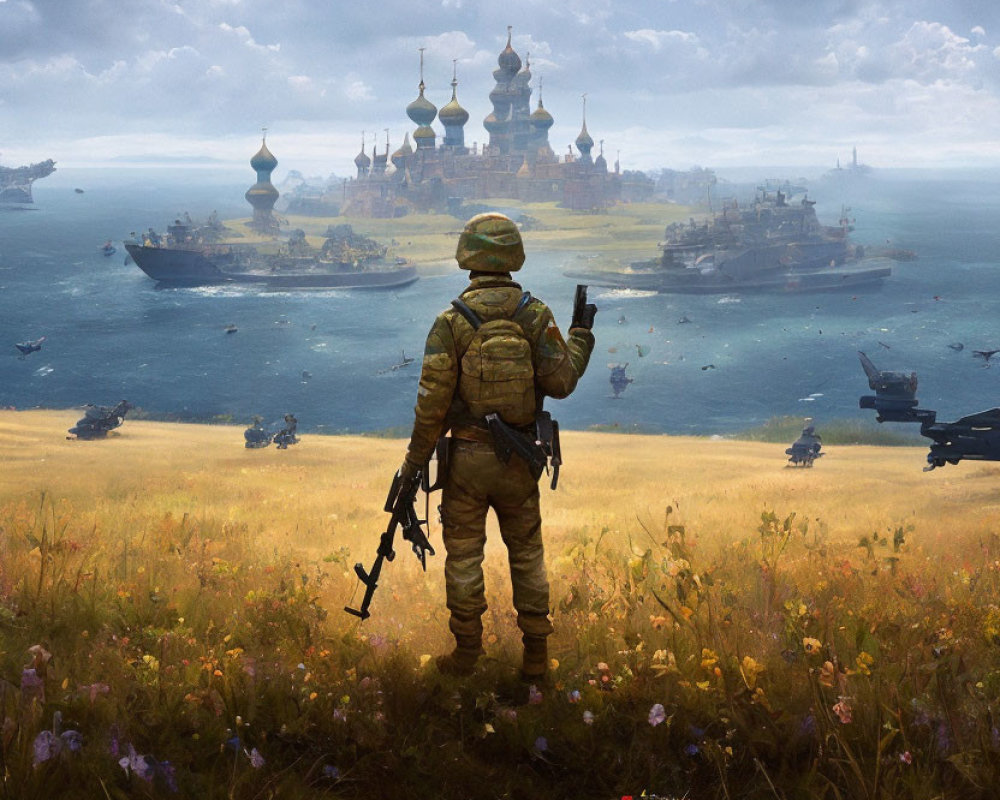 Military scene with soldier, battlefield, ships, tanks, aircraft, and castle.