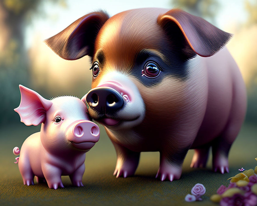 Illustration of adult pig and piglet in warm light on grassy ground