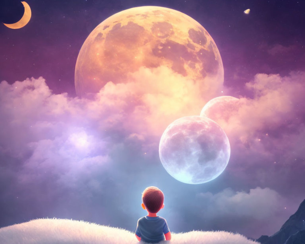 Child admires glowing moon on fluffy hill under purple sky.