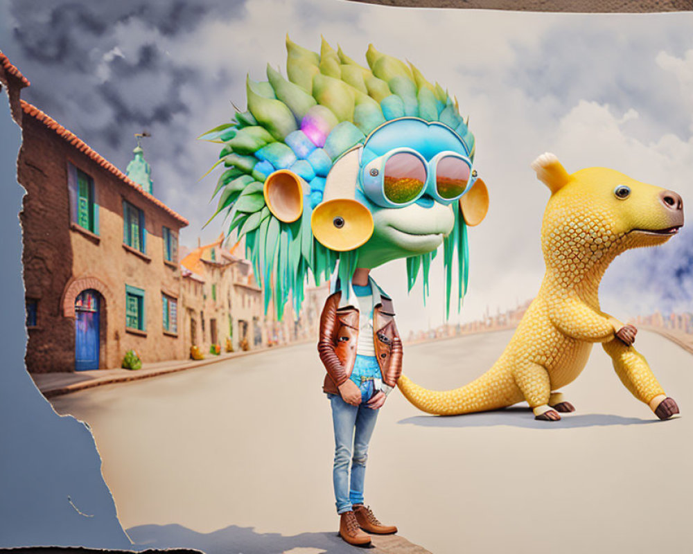Colorful humanoid with fruit head and sunglasses walking with cartoonish dinosaur on city street.