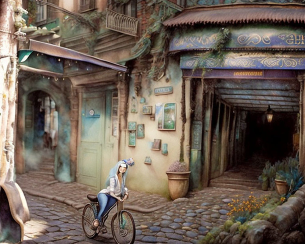 Illustration of quaint alley with bike, blue-clothed person, hanging plants, warm lights,