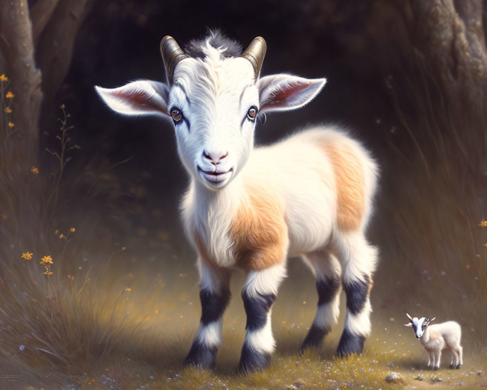Detailed illustration of young goat with prominent horns in serene field