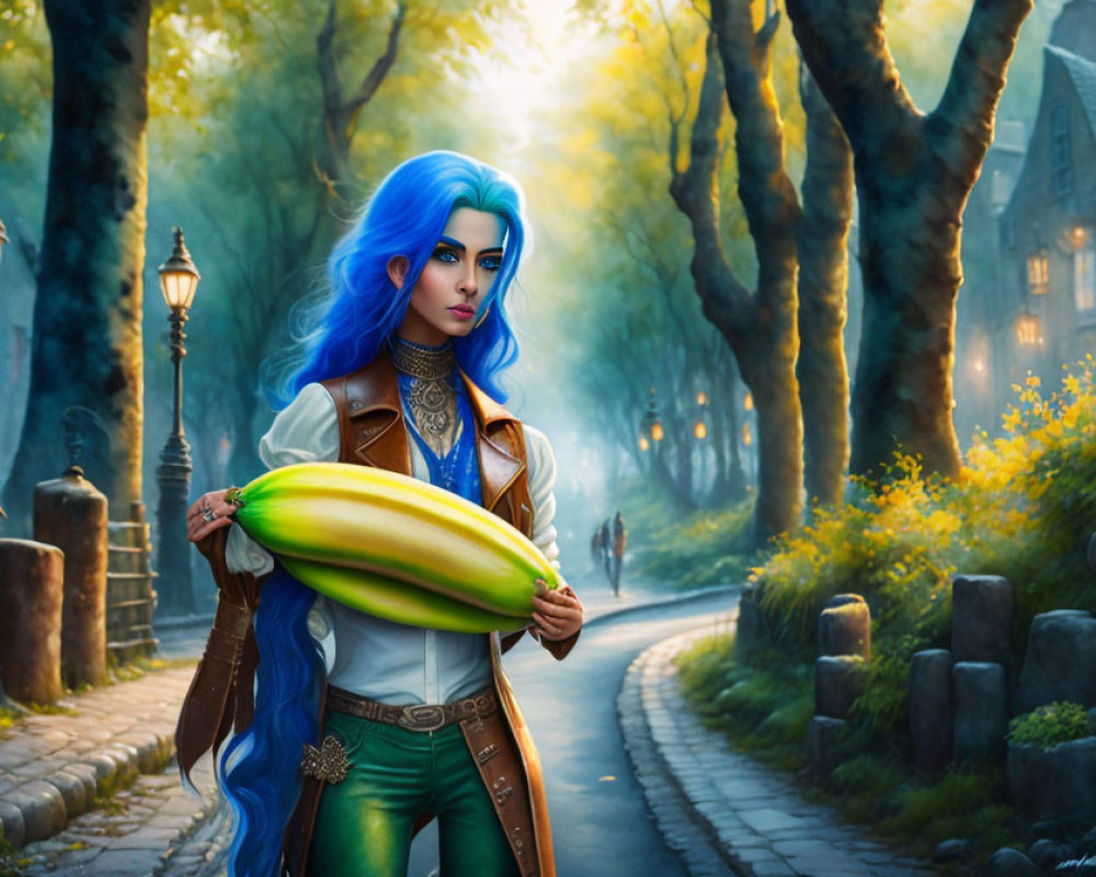 Fantasy illustration of woman with blue hair holding yellow fruit in mystical forest path