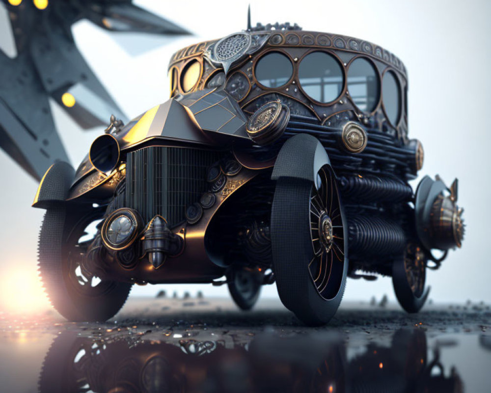 Futuristic black and gold vehicle with intricate designs and unusual wheels on reflective surface with abstract structure in