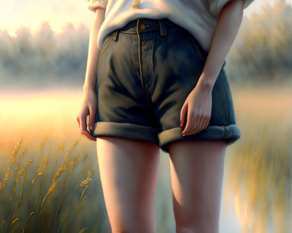 Person in denim shorts and blouse in field at sunset with soft natural lighting