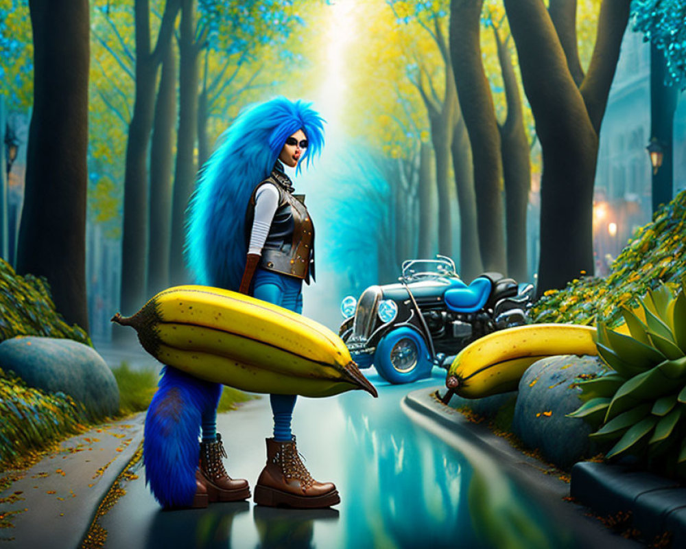 Blue-haired character on banana peel next to classic motorcycle in misty forest