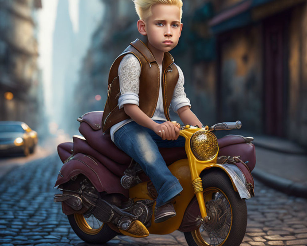 Child with Mohawk on Vespa Scooter in Urban Setting