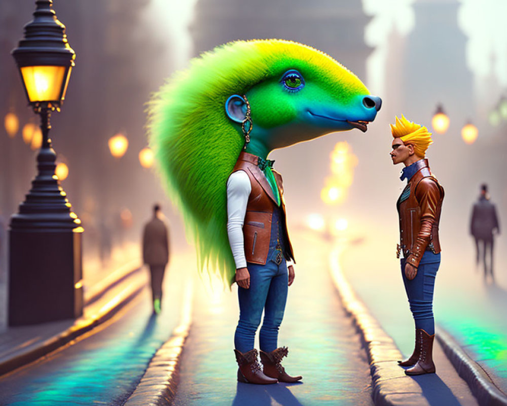Colorful humanoid hedgehog with green hair converses with punk-styled man on foggy, lamp