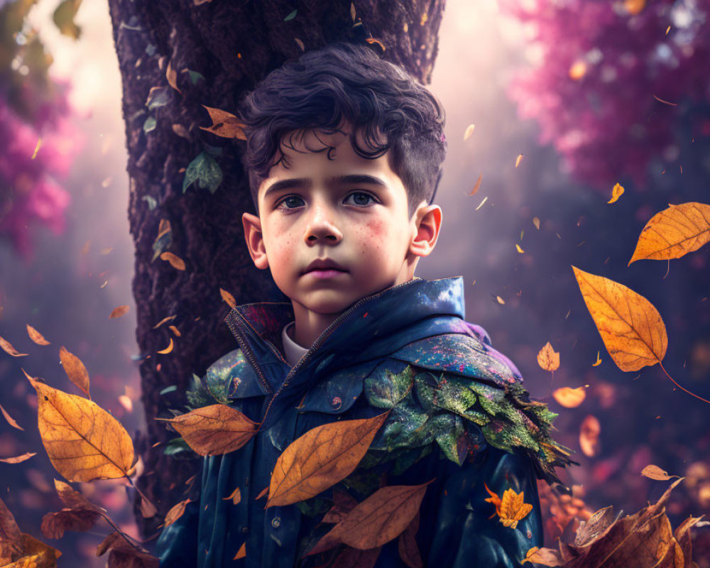 Young boy by tree in autumn setting with falling leaves and sunlight filtering through foliage