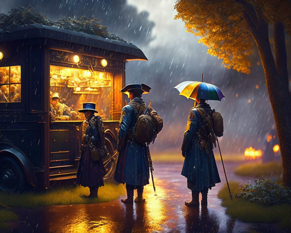 Historical military trio by food truck in rain with umbrella under twilight sky