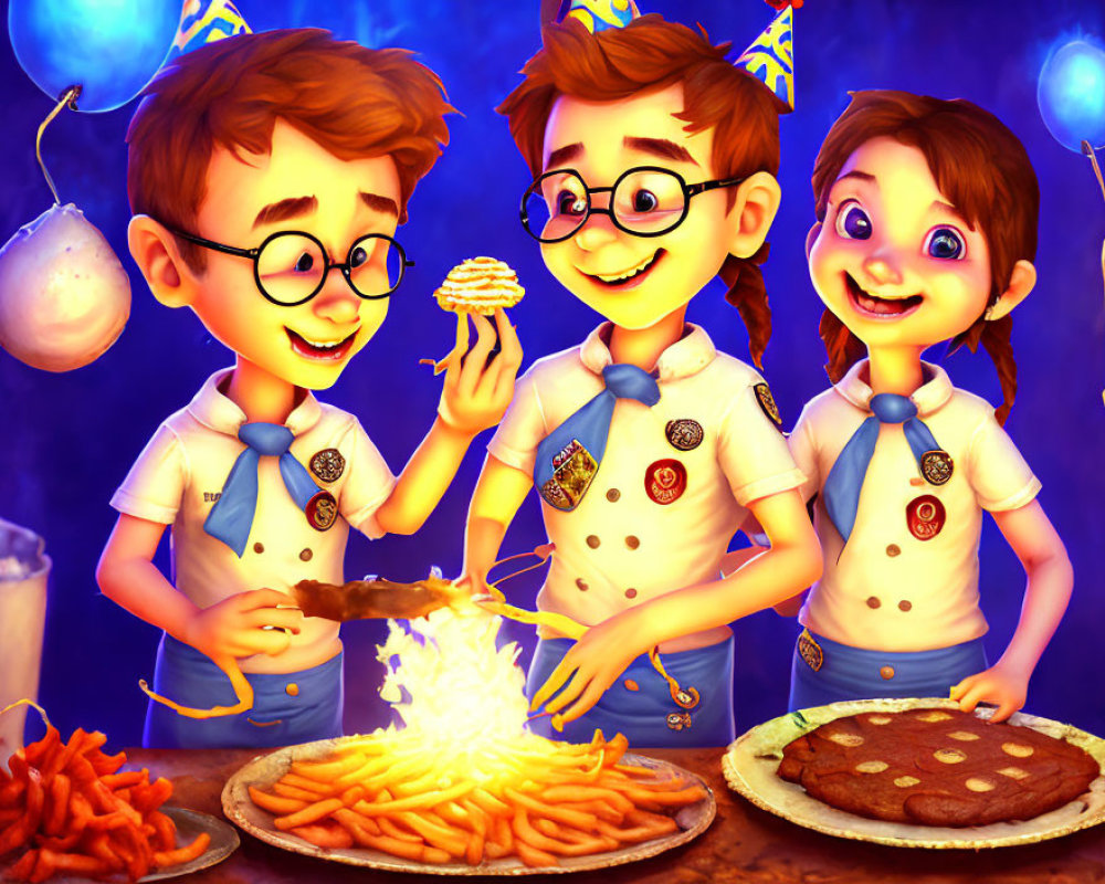 Animated children in scout uniforms prepare food at a party with cupcake and grill flame.