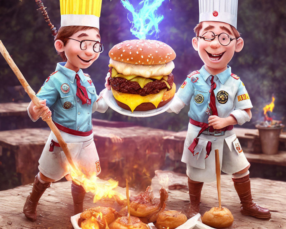 Two boy scouts cooking outdoors with a giant burger and roasting marshmallows.